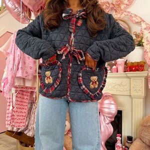 Darling Teddy Bear Cardigan Bow Plaid Cardigan